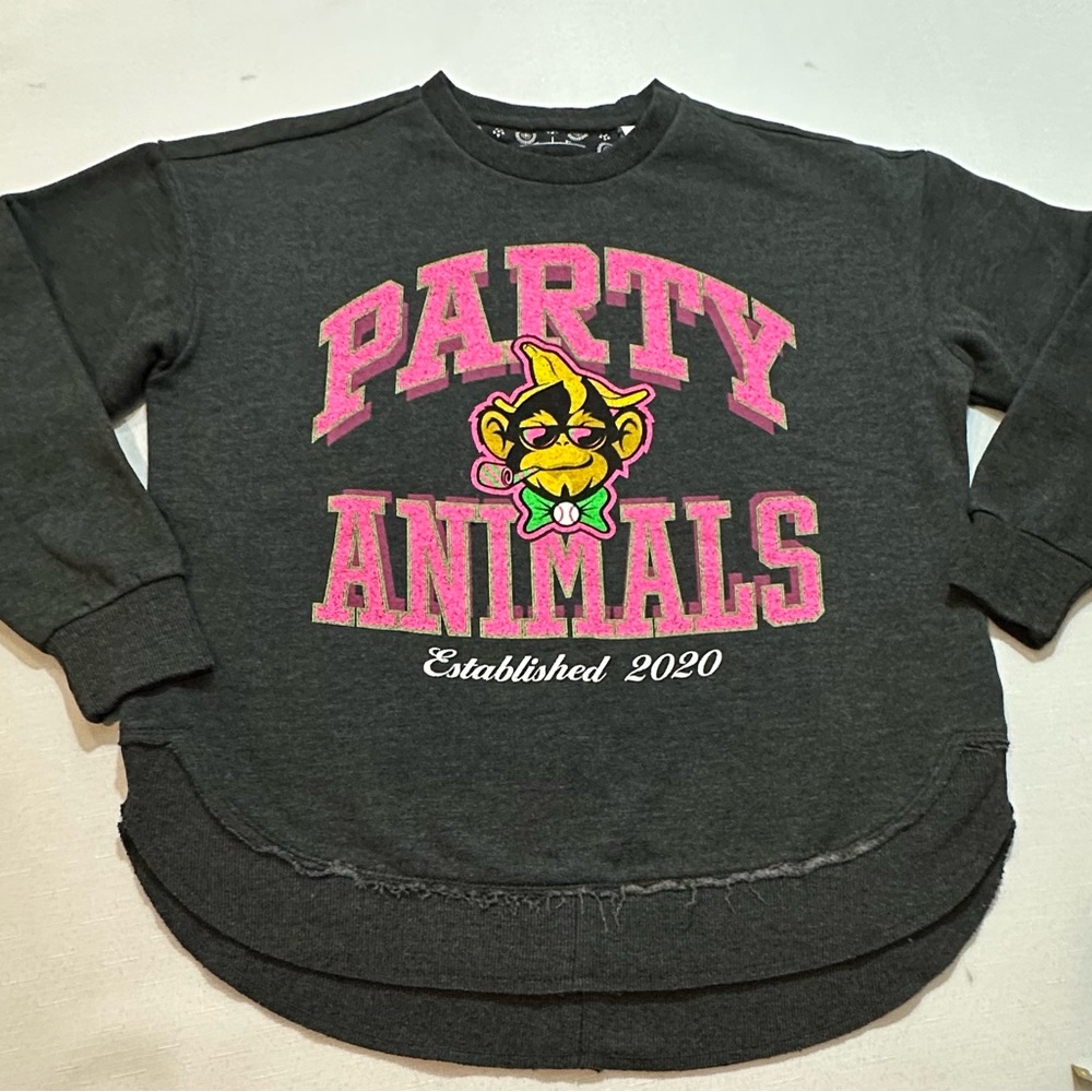 Banana Ball Party Animals Sweatshirt Gray Cropped Crewneck with Pink Graphic